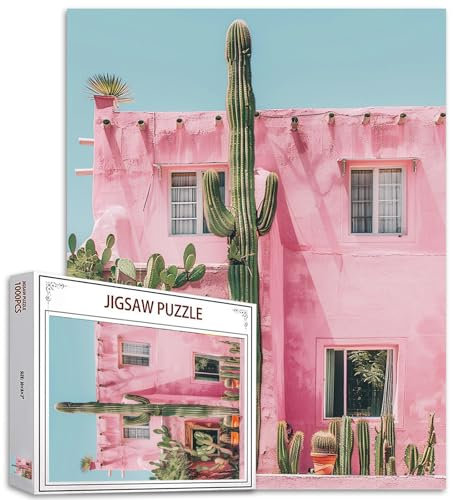 Tucocoo Pink House Puzzle 1000 Teile Puzzles für Erwachsene, grüne Kaktuspflanze, Vintage-Stil, Kunstwerk-Puzzles für anspruchsvolle Familienaktivitäten, buntes DIY-Puzzle für Heimdekoration,