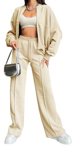 amropi Tuta da Donna Giacca con Cerniera e Pantaloni Jogging Tute 2 Pezzi Sportivo Completo Beige, XXL