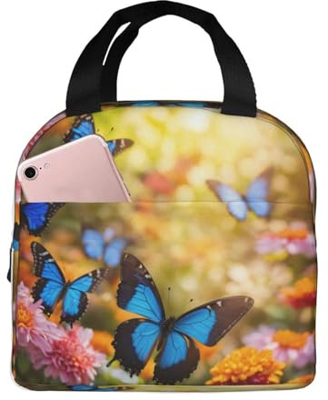 TTYDOKLA Lonchera aislada unisex con estampado de mariposas azules y flores, lonchera de tela Oxford de alta densidad