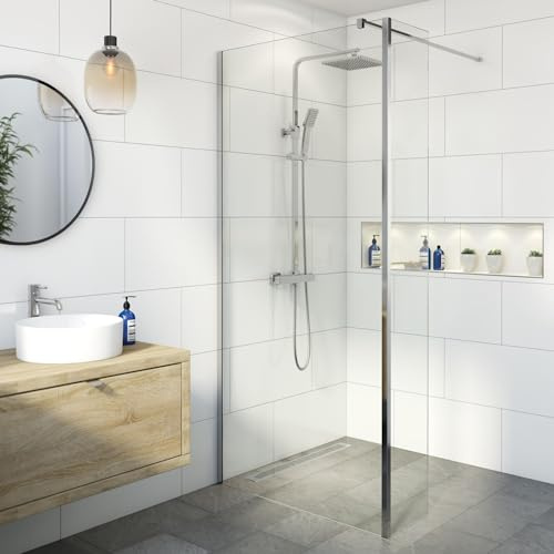 BAYSTONE® 1400mm Wet Room Shower Screen Panel 8mm Toughened Safety Easy Clean Glass Walk in Shower Enclosure + Fixed Return Panel, Frameless, Chrome