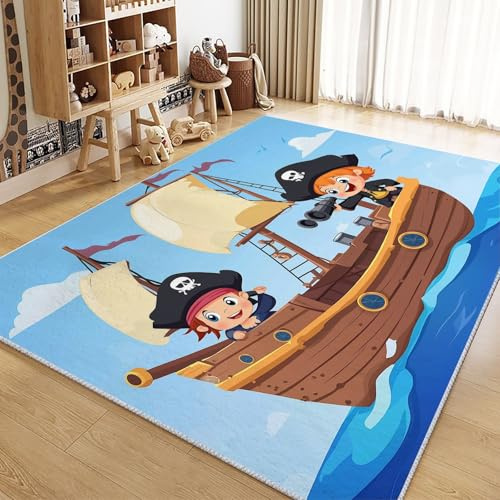 Generisch Wohnzimmer Teppich 80x150cm Cartoon-Pirat Segelschiff Waschbarer Teppich, Modern Anti-Rutsch Teppich, Weich Kurzflor Teppiche für Schlafzimmer Kinderzimmer Büro