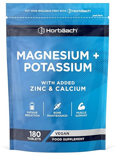 Magnesium Kalium Komplex mit Calcium Zink | 6 Monate Vorrat - 180 Vegane Tabletten | Hochdosiert | Basenpulver Tabletten | Horbaach