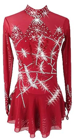 Langärmliges Eiskunstlaufkleid for Mädchen Und Damen Rückenfreie Tanzkleider Elegante Wettbewerbs Performance Röcke(Red_XXS)