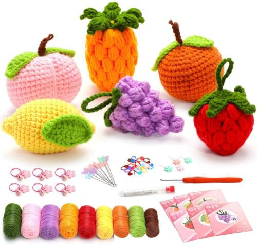 Asuinxurr Komplette Häkelsets für Anfänger, DIY 6-Teiliges Obst-Häkelset mit Strickmarkern, Einfaches Garnknäuel, Anleitung, Langlebig, Einfache Installation