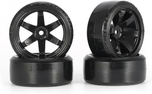 4 Stück 1: 10 ferngesteuerte Autoreifen, 64mm Gummireifen und Kunststofffelgen, geeignet für 1/10 Straßenrennwagen, Touring Drift Rennwagen, Tamiya, HSP, HPI, Ersatz Teile (Schwarz)