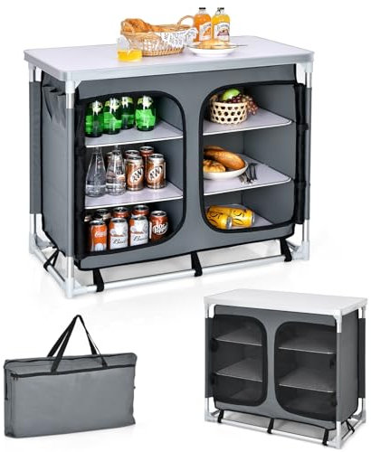 KOMFOTTEU Mesa de Camping Plegable, Mesa Portátil de Aluminio de 4 Niveles, Armario de Almacenamiento con Puertas de Malla con Cremallera, Bolsa de Transporte, para Picnic, Barbacoa, Fiesta