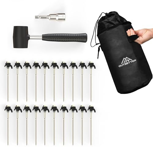 20 x Screw Tent Pegs for Hard Stony Ground & Gravel Pitches, Tent Pegs Preformed Steel with Mallet, Peg Extractor and Bag with Carabiner Clip (Peg Size: 20cm x 5mm)