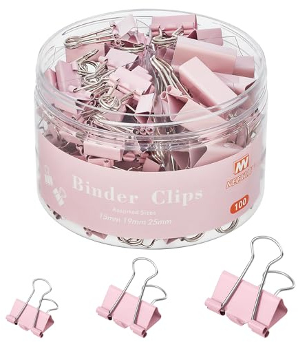 NEEWAY 100 Count Binder Clips Assorted Sizes, Paper Binder Clips (0.6inch 0.75inch 1inch), Metal Paper Clamps for Office and Home (Pink)