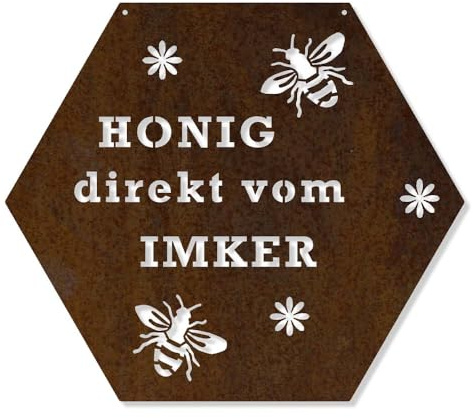 Feuerfest 123 Deko-Schild Honig direkt vom Imker I 40x46,2 cm I Stilvolles Gartenschild zum Aufhängen I Hochwertige Edelrost-Gartendeko aus Cortenstahl I Garten-Schild aus präziser Handarbeit
