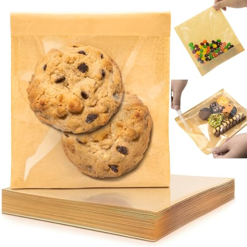 200 Pack Self Sealing Cookie Bags with Seal, 5.9x6.5 Inch Paper Bakery Bags with Window, Grease Resistant To Go Sleeves for Packaging Donut, Snack, Scone, Brownie, Small Pastries and other Treats