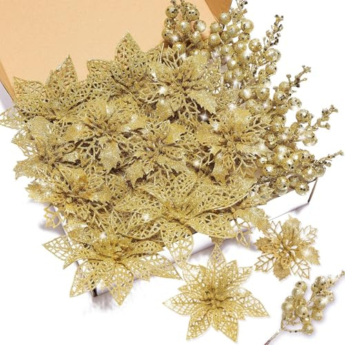 Poinsettia Artificial Flowers Set, 22 Pcs Christmas Flowers for Tree with 16 Poinsettia & 6 Berries Picks, Xmas Tree Flower Decorations for Festive Home Decor Gold