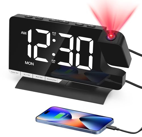 Venchin Wecker mit Projektion: 180° Projektor Uhr Digital 2 USB-Ladeanschluss 2 Alarmen 3 Modi 9 Mins Snooze 5 Lautstärke 12/24Hr DST 7.3 LED Digitaluhr EU Adapter - Schwarz