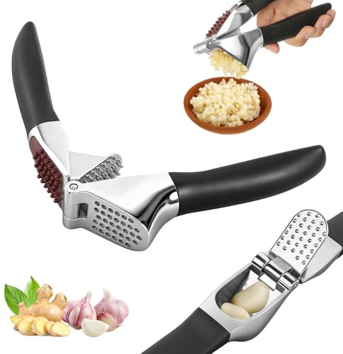 Knoblauchpresse aus Edelstahl Zinklegierung, Professionelle Küche Knoblauchzerkleinerer mit komfortablem und rutschfestem Griff, Zerkleinert Knoblauch Ingwer Mühelos Leicht zu Reinigens