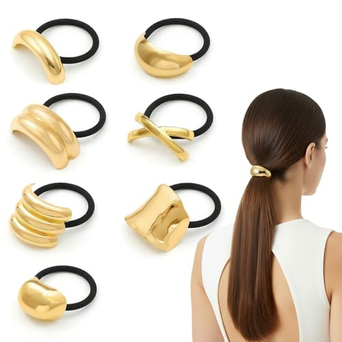 7 Goldene Haargummis für Damen, Haargummis aus Metall, Haarbänder mit Schmucksteinen, für Frauen und Mädchen, für dickes Haar (Gold)