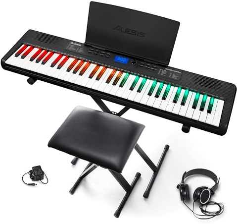 Alesis Teacher's Choice 61 Tragbares Keyboard-Piano für Einsteiger mit 61 aufleuchtenden Tasten, 300 Sounds, Lautsprechern, Ständer, Sitzbank, Kopfhörern und Skoove Musiklektionen