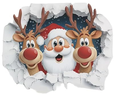 3D Weihnachten Wandaufkleber, Weihnachtsmann und Rentier brechen durch Wanddesign, PVC, 50 x 40 cm, entfernbarer Urlaubsaufkleber für Zuhause, Wohnzimmer, Schlafzimmer