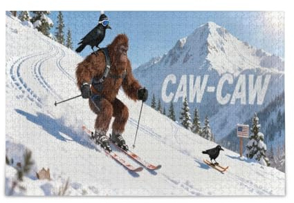 Raven Bigfoots Skiing Snow Mountain Caw-Caw Pattern Wooden Jigsaw Puzzle for Adults Perfect for Game Nights 500 Pieces