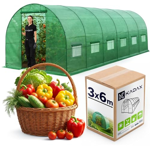 KADAX Serre de 6 x 3 m, grande serre en film avec cadre en acier galvanisé et film polyéthylène robuste, serre à tomates, tunnel en film pour tomates, serre à tomates