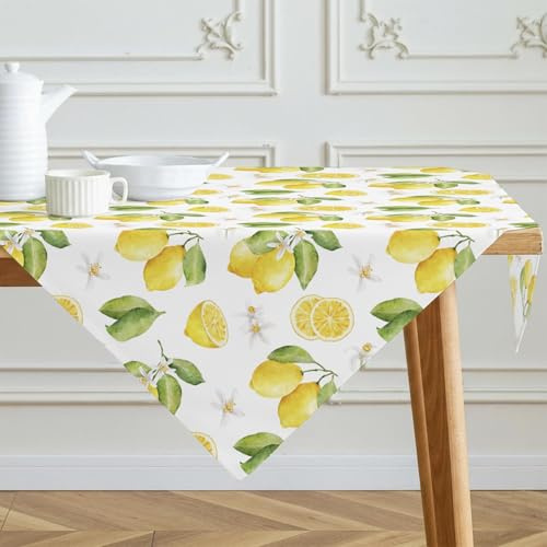 Kiatuniya Tischdecke 85x85cm Zitronen Modern Tischdeko Gelb Mittelläufer Grün Blätter Tischdecken Kurz Abwaschbar Dekoration Aesthetic Tischdecke für Frühling Sommer Party Hochzeiten Geburtstag