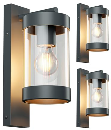 ledscom.de 3x Außenwandleuchte LAIFA anthrazit matt, Glas/Edelstahl, E27 Fassung (max. 40 W), ohne Leuchtmittel