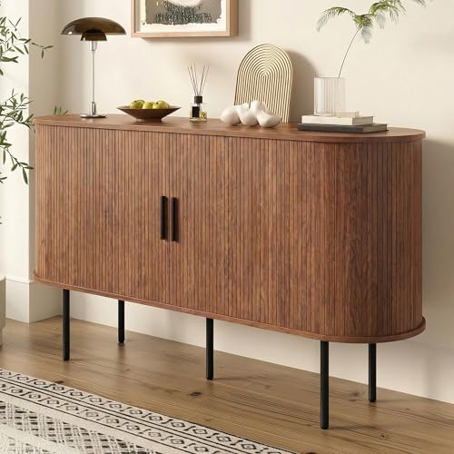 Rosebibi Credenza moderna in MDF con ante a persiana, maniglie in alluminio e gambe in ferro, armadio versatile per soggiorno, sala da pranzo e arredamento moderno, noce