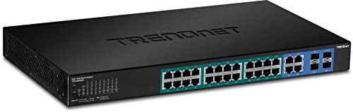 TRENDnet, TPE-5028WS, 28-Port Web Smart PoE+ Switch, 24 Gigabit PoE+ Ports, 4 gemeinsam genutzte Gigabit Ports (RJ-45 oder SFP), VLAN, QoS, LACP, IPv6-Unterstützung, 370 W PoE-Leistungsbudget