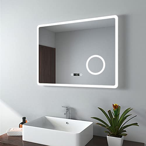 EMKE LED Badspiegel 80x60cm Badezimmerspiegel mit Beleuchtung Lichtspiegel Wandspiegel mit Touchschalter, Beschlagfrei, Uhr, 3-Fach Vergrößerung
