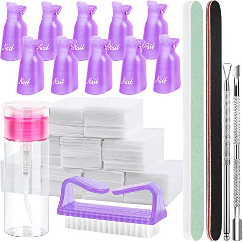 FANDAMEI Nagellackentferner Werkzeuge Set, Nagel Clips Kappen Lila, 500 Stk. Wattepads für Gelnägel, Nagelhautschieber Edelstahl, 2 Stk. Nagelfeile, Lila Nagelbürste, 100ML Leere Pump Spenderflasche