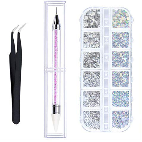 Cristales para Uñas, AB Diamantes De Imitación De Cristal Del Arte Del Clavo y Cristal Transparente Con Pinzas De Recogida, Pluma Punteadora De Diamantes De Imitación 6 Tamaños 1550 Piezas
