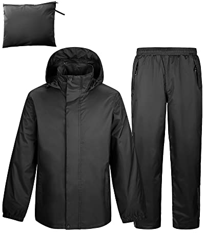 Herren Regenanzug Reflektierender Wasserdichter Anzug Outdoor Regenmantel Packbare Winddichte Regenjacke+Regenhose Atmungsaktive für Fischen Wandern Camping Schwarz L