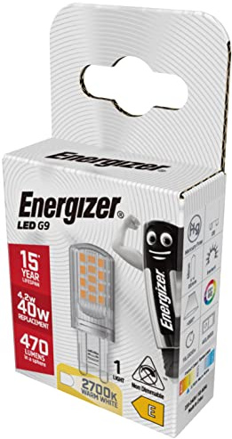 Energizer G9 LED Light Bulb. 4.2W (40w Halogen Equivalent) 220-240V. 470 Lumens. Bi-Pin Base Energy Saving. Warm White 2700k