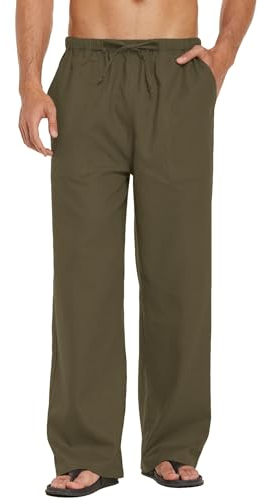 COOFANDY Hose Herren Leinenhose mit Tunnelzug Sommerhose Leicht Freizeithose Strandhosen Lange Hosen Einfarbig Herrenhose mit Tasche Armeegrün L