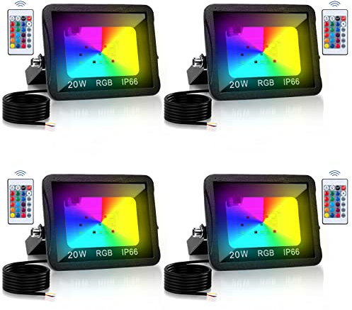 Vigevee Projecteurs LED RGB, 4pack 20W Spot led couleur à changement de couleur Télécommande 16 couleurs 4 modes, Fonction Mémoire, Imperméable IP66 Arbre Bar Fête (pas de prise) M8419-STAR4r