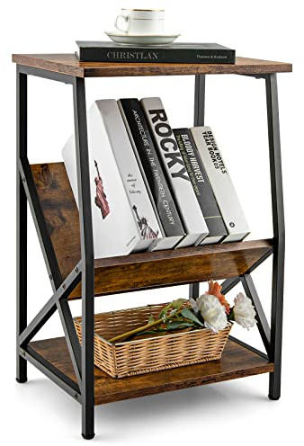 LIFEZEAL 2-in-1 Beistelltisch, Sofatisch als Nachttisch & Bücherregal, Wohnzimmertisch im Industrie-Design, Telefontisch mit Metallrahmen in X-Form, PlattenspielerStänder 40 x 30 x 61 cm