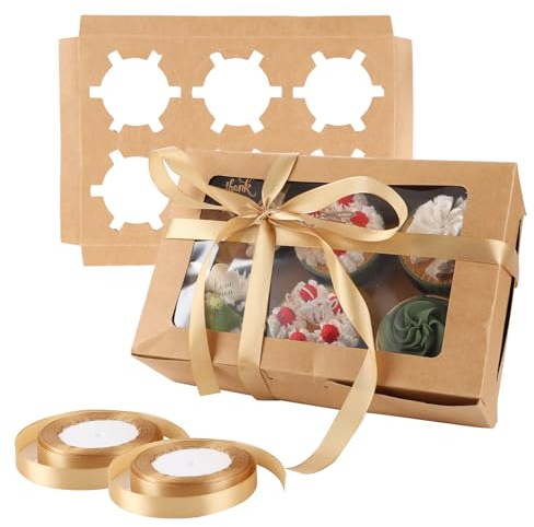 WOPPLXY 50 Stück Cupcake Transportbox, 6 Löchern Cupcake Box mit Fenster, Einsätzen und Seidenband, Muffin Transportbox für Desserts, Cupcakes, Keksen, Braun