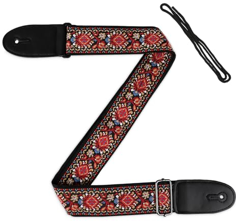 WLLHYF Vintage Guitar Strap Widen Embroidery Red Printing Adjustable Straps End Leather for Electric Guitars Bass Acoustic Women Man Guitarists Accessories
