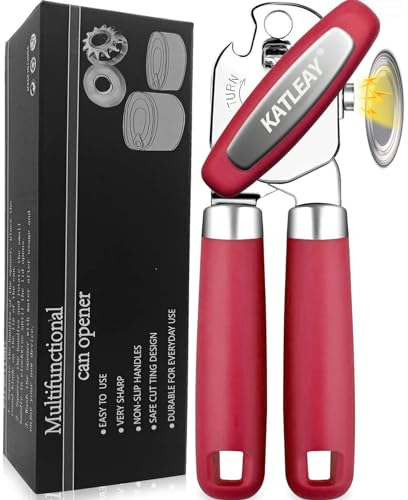 Abrelatas Manual, Abrelatas Acero Inoxidable, Abrelatas 3 en 1, Abrelatas Profesional, Abrelatas con Mango Antideslizante y Perilla Giratoria Ergonómica, para Personas Mayores, Chefs, Camping (Rojo)
