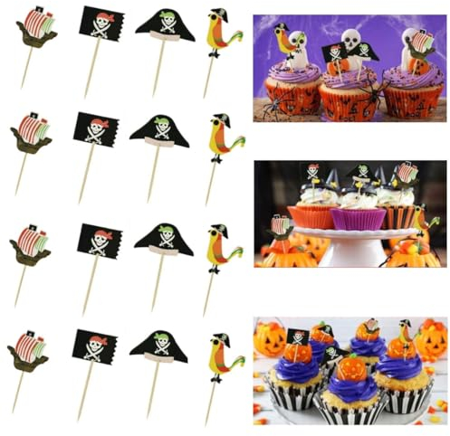 DTYGUIXE 48 Stücke Pirate Kuchen Topper Umweltfreundliche Halloween Cupcake Toppers 4 Muster Cupcake Picks Deko Flaggen Kuchen Topper Piraten Kuchendekoration für Geburtstag, Hochzeit, Halloween Party