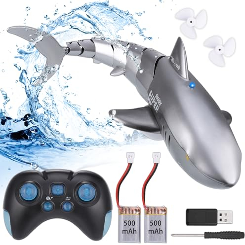 Wyxron Ferngesteuertes Boot, 2,4 GHz RC Boot mit Lichtern und 360° Drehfunktion, Wasserspielzeug für Jungen und Mädchen ab 6 Jahren Indoor-Spielzeug Outdoor-Geschenke (RC Shark)