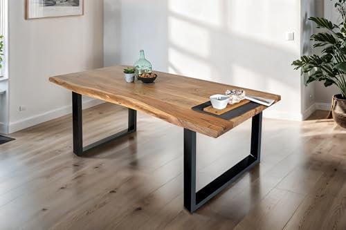 SAM Esstisch 200 x 100 cm Tomaso, Baumkantentisch naturfarben, Akazienholz massiv, U-Gestell aus Metall Schwarz, echte Baumkante
