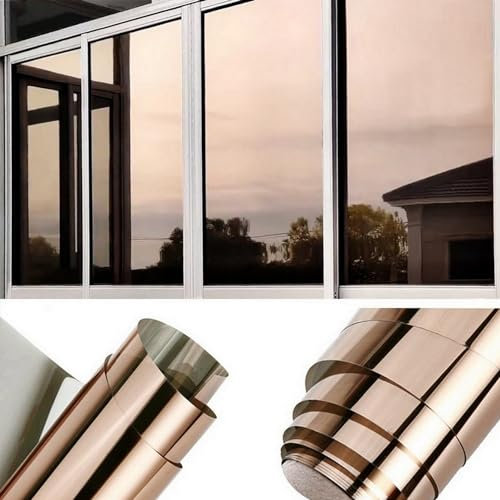 QOQIDUN One Way Window Film Heat Reflective Privacy Self Adhesive for Glass Windows, Anti Glare UV Sun Blocker Mirror Window Tint Film for Home and Office (Brown-Silver, 90x400cm)