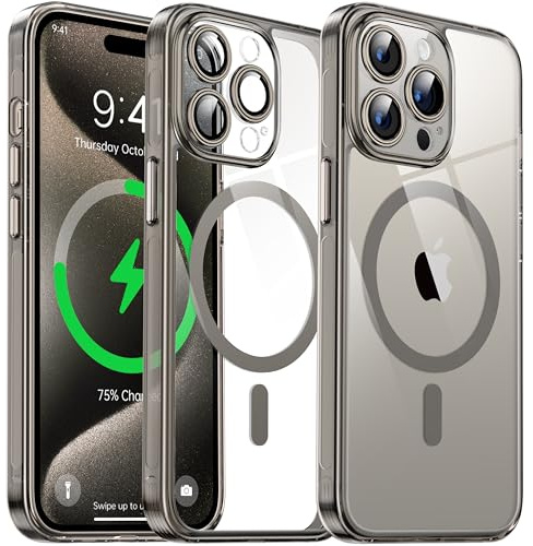 Flyzoo Magnetisch Hybrid Clear Hülle für iPhone 15 Pro - [Kompatibel mit MagSafe] [Eingebaute Kameraschutz Folie] Hart Durchsichtig Handyhülle Stoßfeste Transparente mit Silikon Schutzhülle, 6,1,Grau