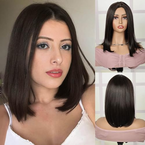 Creamily Perruque bob brun foncé mi-longue (35,5 cm) pour femme, coupe au carré, raie au milieu, cheveux synthétiques lisses et naturels, idéale pour Halloween et cosplay
