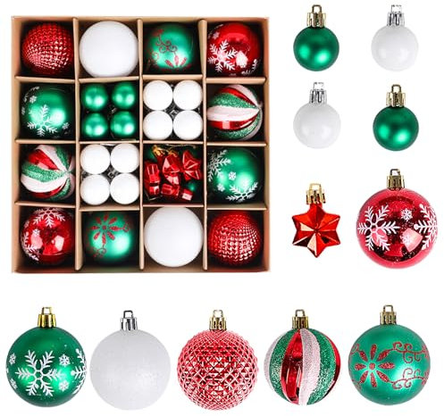 ZALAON 44 Pcs Christmas Ball Ornaments, 1.2/2.3 Inch Red and Green Christmas Baubles Christmas Tree Hanging Ball Set for Xmas Party Indoor Outdoor Decorations