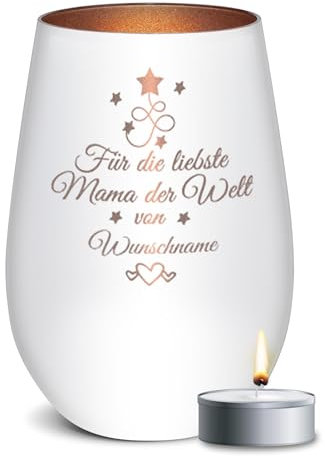 PR Print Royal Weißes Windlicht mit Gravur für die liebste Mama der Welt - Dankeschön Geschenk, Muttertagsgeschenk, Personalisiertes Geschenk für Mama | inkl. Teelicht, 450 ml, Innen Bronze