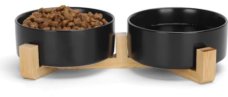 Nobleza - Gamelles pour Chien et Chat 2x500ML Gamelle Chat Chien Ceramique Bol Chat avec Support Bambou, Antidérapants, Disponible pour Chats et Petits Chiens (Noir)