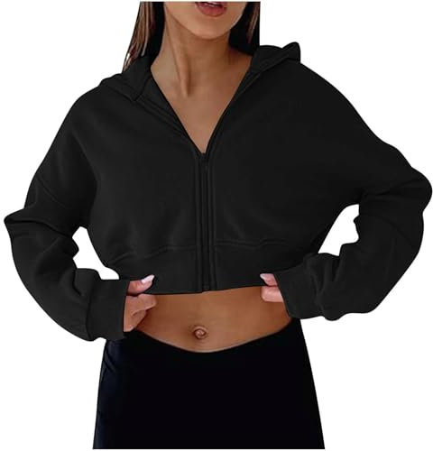 Oversized Hoodie Women Zip Up Hoodie Women UK Cropped Sweatshirts Long Sleeve Pullover Solid Color Sports Gym Running Crop Tops Jacket Sportswear Streetwear Trendy Y2K Loose Ladies Blouses Black