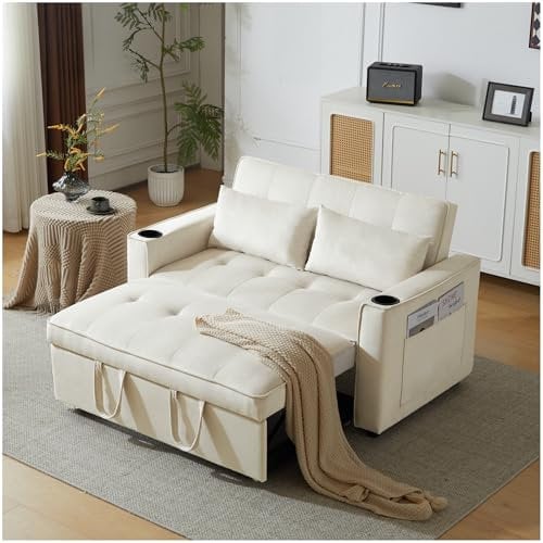 Racxily Divano letto 2 posti con portabicchieri e cuscini,Divano letto pieghevole con tasche laterali,angolo di inclinazione dello schienale regolabile,divano 2 posti,Velluto,Beige