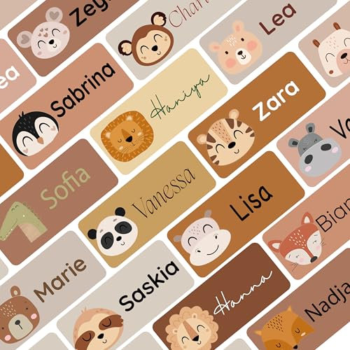 Petite Print® Namensaufkleber für Kinder, Schule, Kindergarten, Kleidung & Gegenstände, Namensetiketten personalisiert mit Namen und waschmaschinenfest (Cute Animals Face - Tuscany Rose, 75)