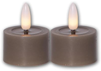 Star Trading 060-05 LED-Echtwachs-Kerze Flamme Flow, 2er Set taupe, Wachsspiegeloptik, je 4 x 5 cm, naturgetreue Flamme, inkl. Batterie, Timer, Vierfarb-Karton